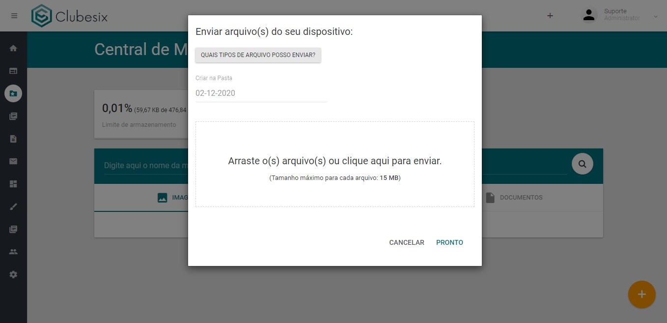 imagem do modal do upload da central de midia